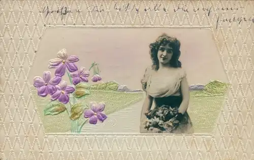 Präge Passepartout Ak Portrait einer Frau, Blumen