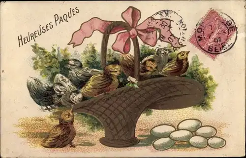 Litho Glückwunsch Ostern, Küken in einem Korb, Eier