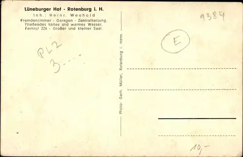 Ak Rotenburg in Hannover Rotenburg an der Wümme, Lüneburger Hof, Inh. Heinr. Weuhold