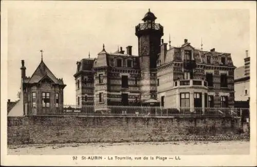 Ak Saint Aubin sur Mer Calvados, La Tourelle, La Plage