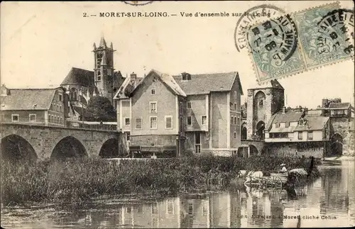 Ak Moret-sur-Loing Seine et Marne, Vue d'ensemble sur le Loing, Kutsche