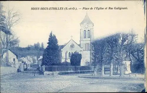 Ak Soisy sous Etiolles Essonne, Place de l'Eglise et Rue Galignani