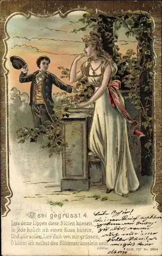Präge Litho O sei gegrüßt, lass deine Lippen diese Blüten küssen, Liebespaar