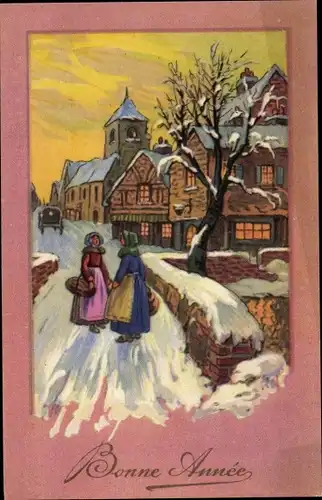 Ak Glückwunsch Neujahr, Zwei Frauen unterhalten sich auf einer Brücke