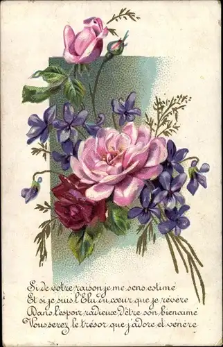 Präge Litho Rosen und Veilchenblüten