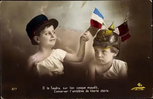 Ak Kinder in französischer und deutscher Uniform, Propaganda Frankreich