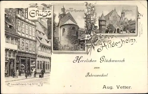 Ak Hildesheim in Niedersachsen, Glückwunsch Neujahr, Geschäftshaus, 1000jähriger Rosenstock, Rathaus