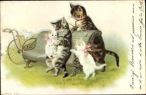 Künstler Litho Katzenfamilie auf der Bank, Nr. 260