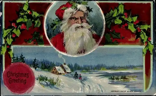 Künstler Ak Frohe Weihnachten, Weihnachtsmann, Portrait, Stechpalme, Winterlandschaft