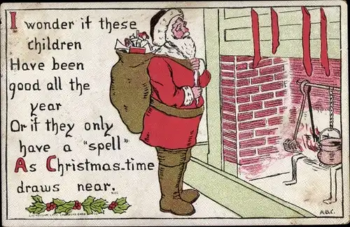 Künstler Ak Frohe Weihnachten, Weihnachtsmann am Kamin, Socken, I wonder if these children