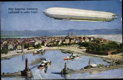 Künstler Ak Friedrichshafen am Bodensee, Graf Zeppelins lenkbares Luftschiff über der Stadt