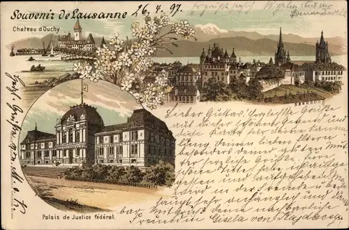 Litho Lausanne Kanton Waadt, Chateau d'Ouchy, Palais de Justice federal