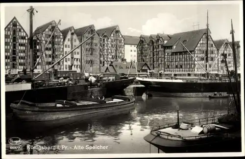 Ak Kaliningrad Königsberg Ostpreußen, Alte Speicher, Binnenschiffe