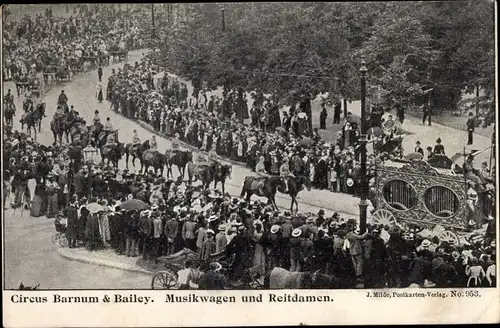 Ak Zirkus Barnum & Bailey, Musikwagen und Reitdamen