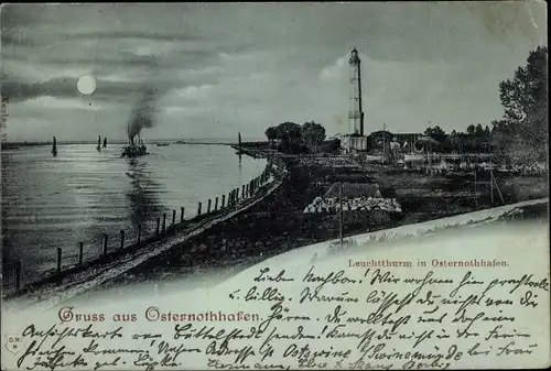 Mondschein Ak Warszów Osternothafen Świnoujście Swinemünde Pommern, Leuchtturm
