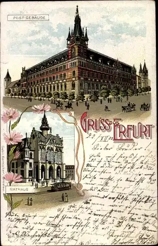 Litho Erfurt in Thüringen, Postgebäude, Rathaus, Tram