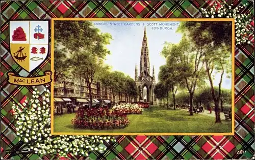 Wappen Passepartout Ak Edinburgh Schottland, Princes Street Gardens and Scott Monument, koloriert