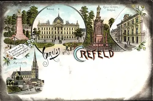 Litho Krefeld am Niederrhein, Postamt, Kaiser Wilhelm Denkmal, Marienkirche