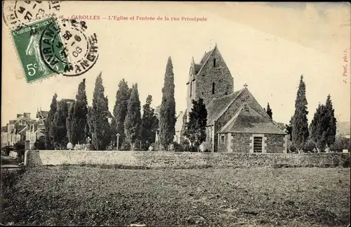 Ak Carolles-Plage Manche, L'Eglise et l'entree de la rue Principale