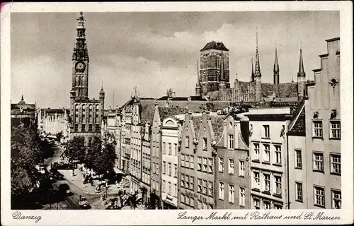 Ak Gdańsk Danzig, Langer Markt, Rathaus, Kirche St. Marien