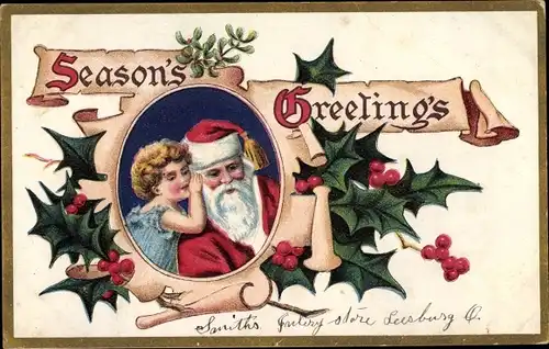 Präge Litho Glückwunsch Weihnachten, Weihnachtsmann, Kind, Stechpalmenzweige
