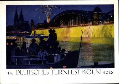 Künstler Ak Köln am Rhein, 14. Deutsches Turnfest 1928, Großfeuerwerk an der Hohenzollernbrücke