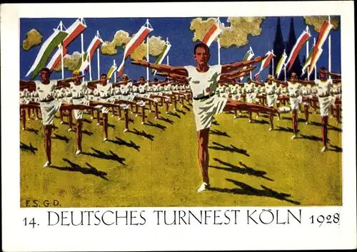 Künstler Ak Köln am Rhein, 14. Deutsches Turnfest 1928, Freiübungen im Stadion