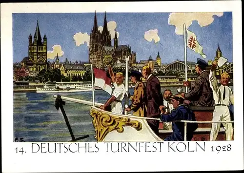 Künstler Ak Köln am Rhein, 14. Deutsches Turnfest 1928, Turnfahrt auf dem Rhein, Dom