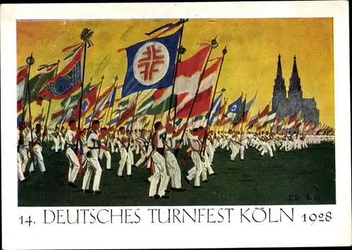Künstler Ak Köln am Rhein, 14. Deutsches Turnfest 1928, Fahnenaufmarsch am Stadion