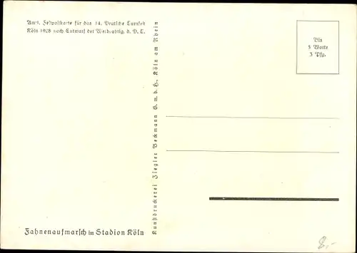 Künstler Ak Köln am Rhein, 14. Deutsches Turnfest 1928, Fahnenaufmarsch am Stadion