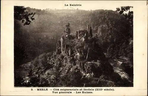 Ak Saint Geniez ô Merle Correze, Vue generale, Les Ruines