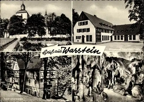 Ak Warstein im Sauerland, Gasthof Stimm Stamm, Tropfsteinhöhle, Jugendherberge, Kirche, Hotel
