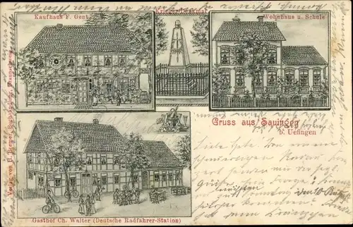 Litho Sauingen in Niedersachsen, Kaufhaus F. Gent, Krieger Denkmal, Gasthof Ch. Walter