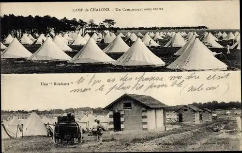 Ak Camp de Chalons Camp de Mourmelon Marne, Un Campement sous tentes, Une Roulante