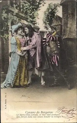 Ak Cyrano de Bergerac, Liebespaar, Theaterszene