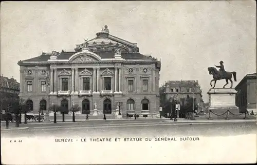 Ak Genève Genf Stadt, Theatre, Statue du General Dufour