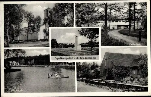 Ak Mittwald Espelkamp in Ostwestfalen Lippe, Südtor, Badeteich, Kirche, Waldschule, Martinskirche