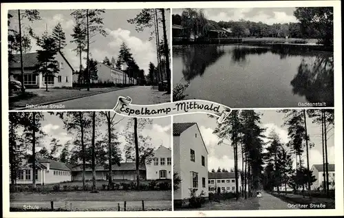 Ak Mittwald Espelkamp in Ostwestfalen Lippe, Schule, Badeanstalt, Strassenansichten