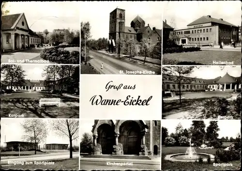 Ak Wanne Herne im Ruhrgebiet, Kirche, Tram, Kurpark, Thermalbad