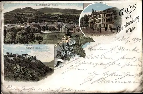 Vorläufer Litho Bad Blankenburg Thüringen, Panorama vom Ort, Hotel Chrysophras, Ruine Greifenstein