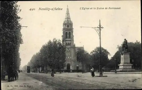 Ak Neuilly sur Seine Hauts de Seine, L'Eglise et la Statue de Perronnet