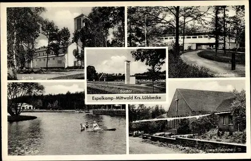 Ak Mittwald Espelkamp in Ostwestfalen Lippe, Kirche, Waldschule, Badeteich, Martinskirche, Südtor