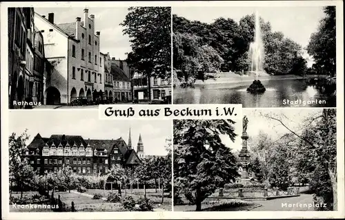 Ak Beckum in Westfalen, Rathaus, Stadtgarten, Krankenhaus, Marienplatz