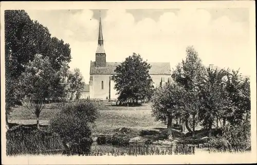 Ak Pruniers Loir et Cher, L'eglise, vue prise des bords de la Sauldre