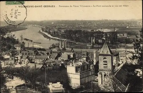 Ak Villeneuve Saint Georges Val de Marne, Panorama du Vieux Villeneuve, Le Pont