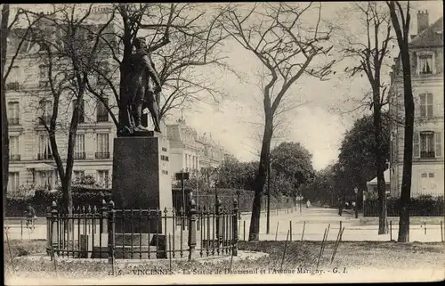 Ak Vincennes Val de Marne, En Statue de Daumesnil et l'Avenue Marigny