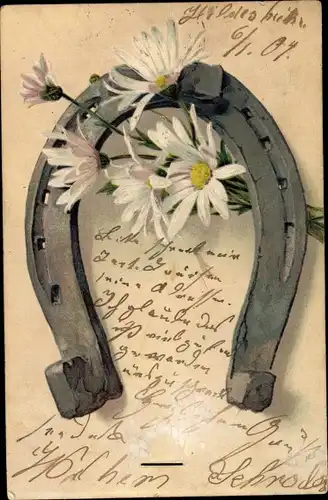 Präge Litho Hufeisen und weiße Blüten