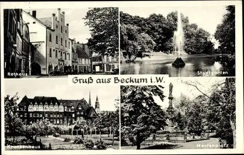 Ak Beckum in Westfalen, Rathaus, Stadtgarten, Marienplatz, Krankenhaus