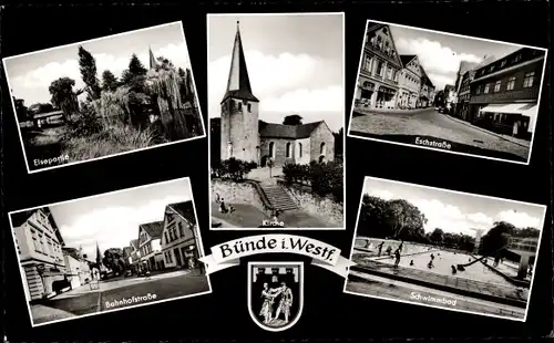 Wappen Ak Bünde in Westfalen, Kirche, Bahnhoftstraße, Schwimmbad, Eschstraße, Elsepartie