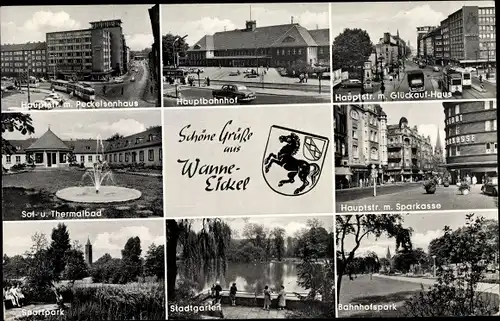 Wappen Ak Wanne Eickel Herne im Ruhrgebiet, Hauptstraße, Hauptbahnhof, Glückauf Haus, Peckelsenhaus